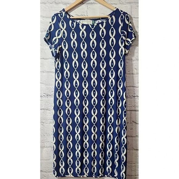 Leota Maternity Dress Women's Medium Knee-Length Blue Cream Stretch Career Flaw - Picture 1 of 6